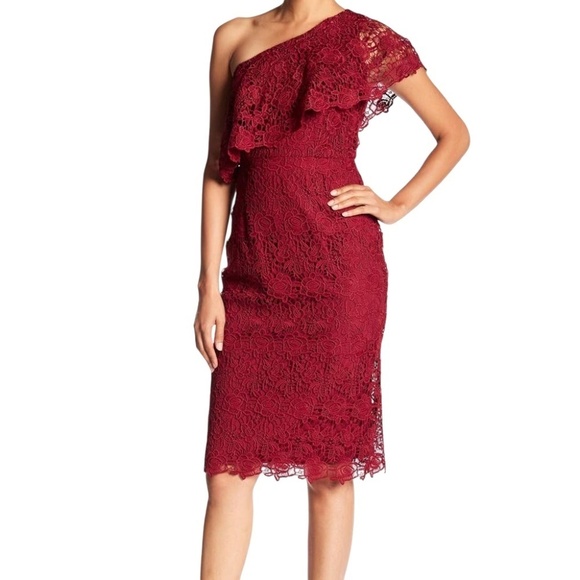Nanette Lepore Sheath Dress Embroidered All Over Lace Cranberry Red One Shoulder - Picture 3 of 14